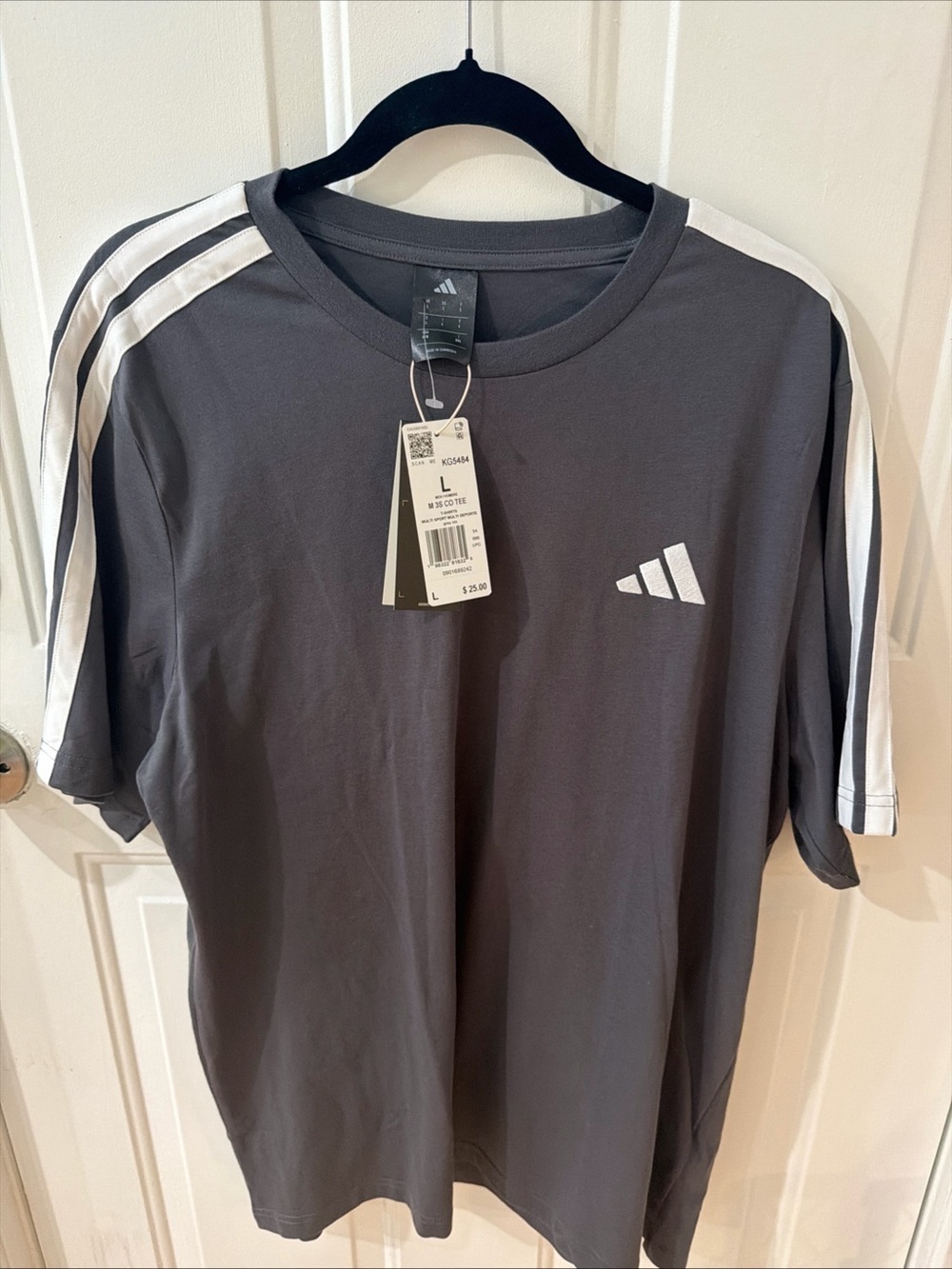adidas Men’s Charcoal Gray Tee with White Shoulder Stripes
